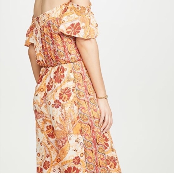 Free People Carmen Vibrant Orange Boho print off the shoulder Wide Leg Jumpsuit - Picture 6 of 11